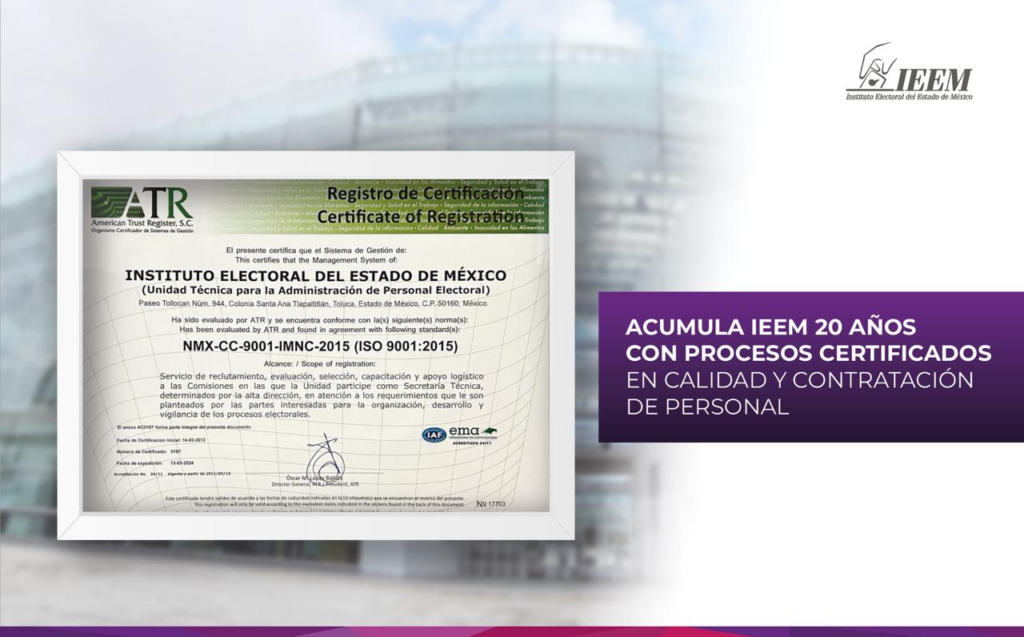 Acumula IEEM 20 años con procesos certificados en calidad y contratación de personal