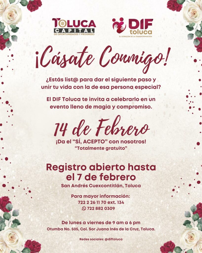 ¡Que viva el amor! Celebrará Toluca bodas comunitarias este 14 de febrero