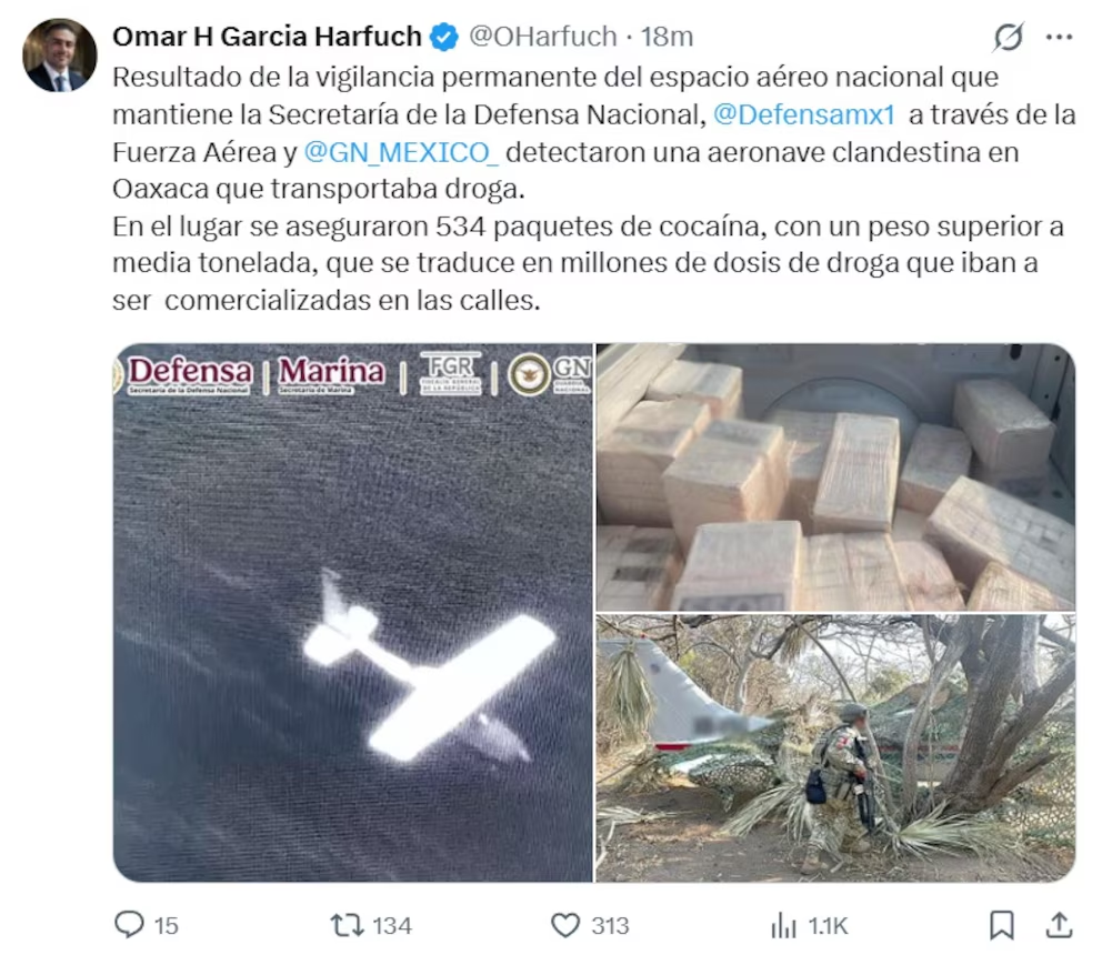 Autoridades interceptan avioneta con más de media tonelada de cocaína en Oaxaca