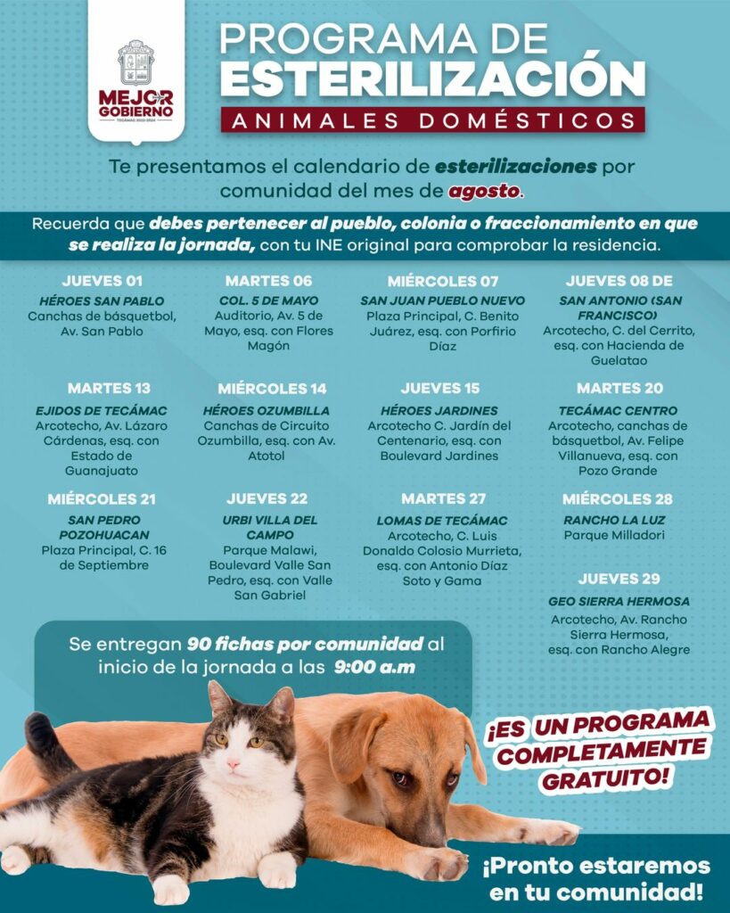 Continuará en agosto Programa de Esterilización de Mascotas en Tecámac