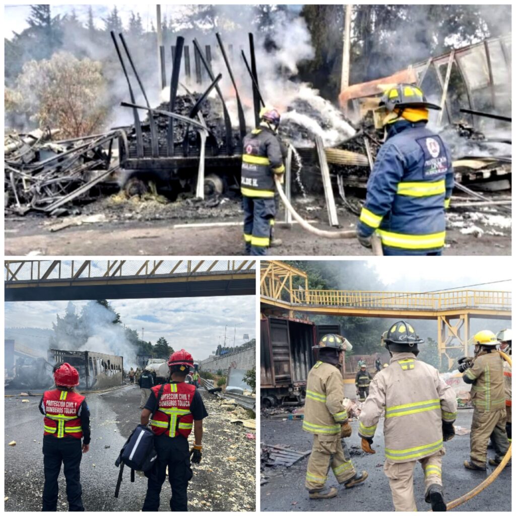 Cierran la México-Toluca por choque múltiple;  hay dos tráileres incendiados