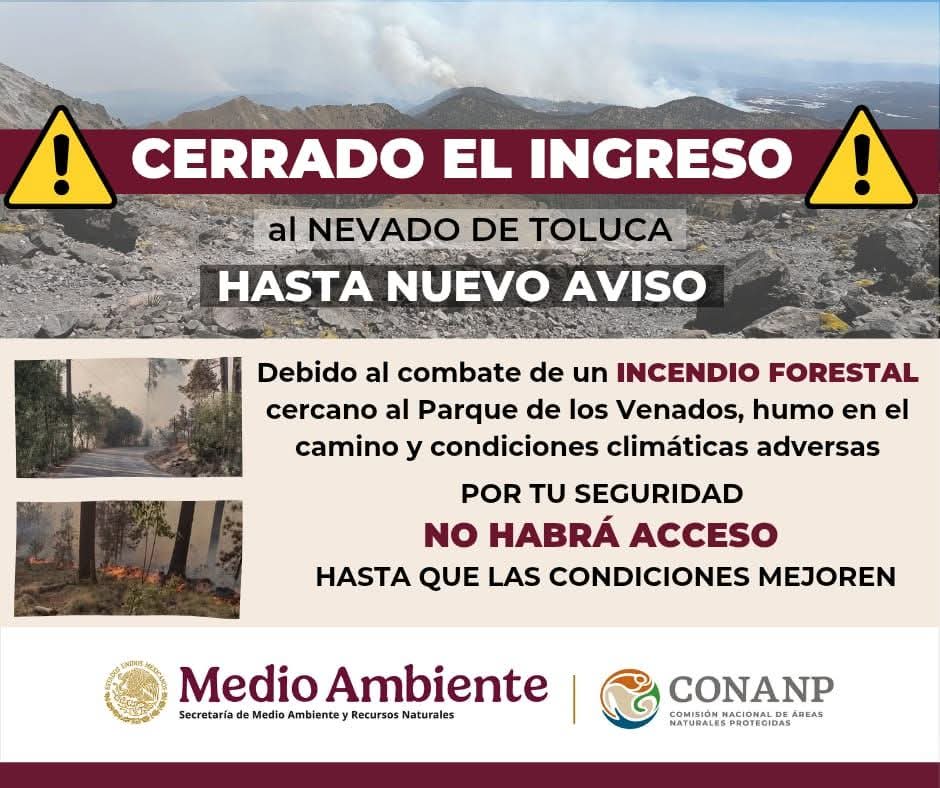 Cierran acceso al Xinantécatl por incendio forestal; bomberos de Toluca se suman al combate del fuego