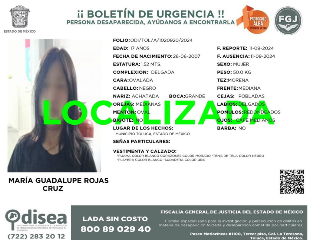 Fiscalía del Edoméx localiza adolescente reportada como desaparecida
