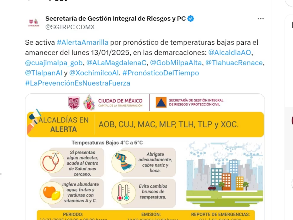 CDMX activa alerta amarilla por temperaturas de cuatro grados en algunas alcaldías
