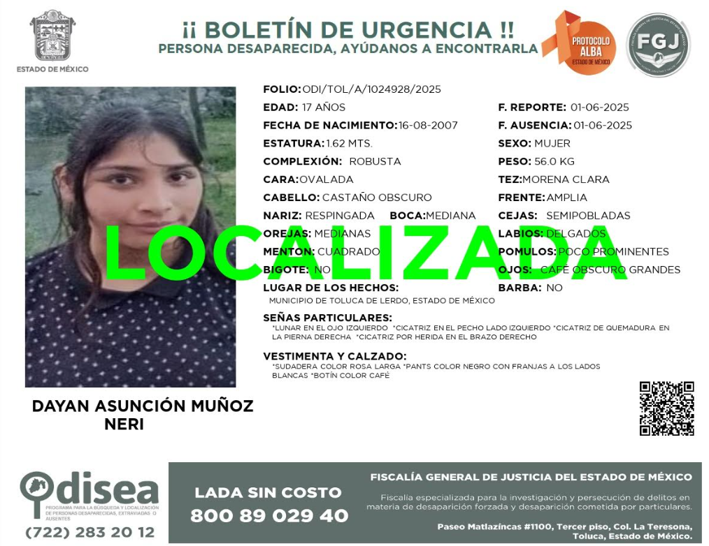 Adolescente reportada como desaparecida en Toluca, es localizada con vida