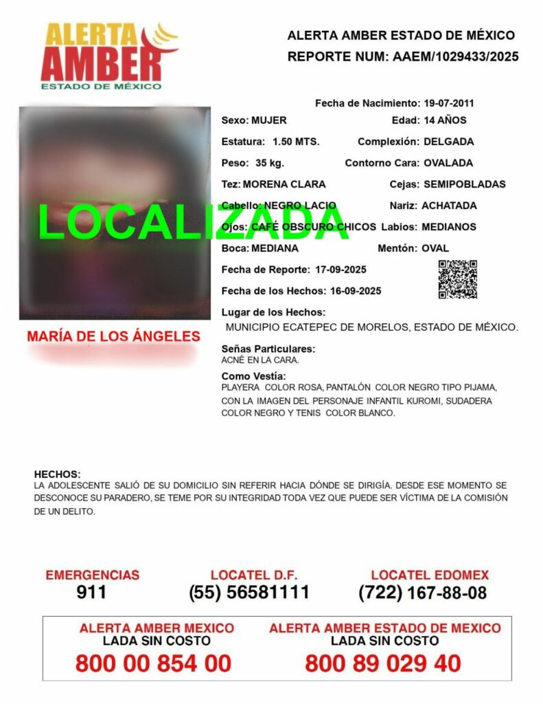 Localizan a María de los Ángeles, menor desaparecida en Ecatepec