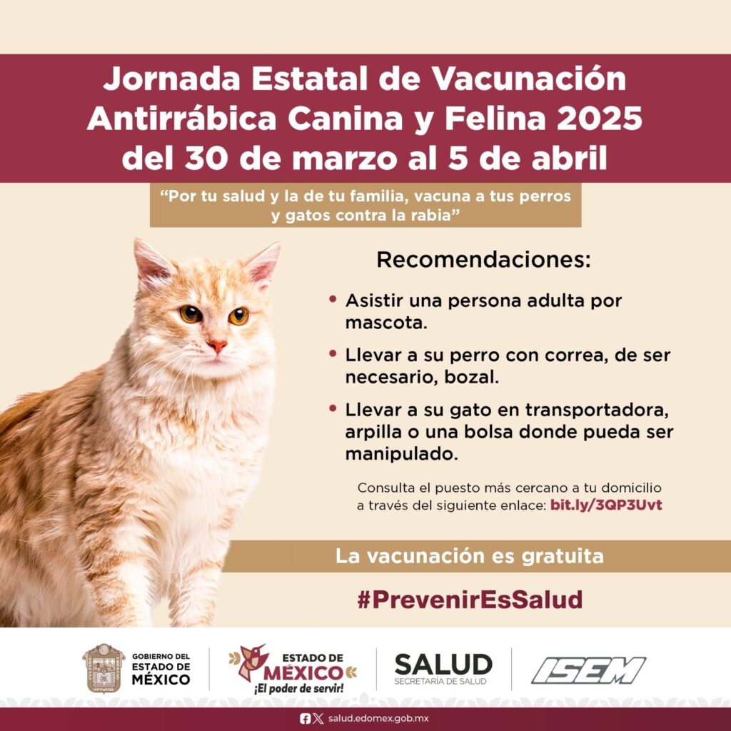 Edoméx: inicia Jornada Gratuita de Vacunación Antirrábica Canina y Felina