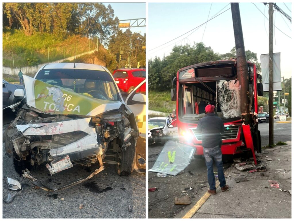Otra del trasporte público en Toluca: chocan taxi y camión de pasajeros hay 15 heridos