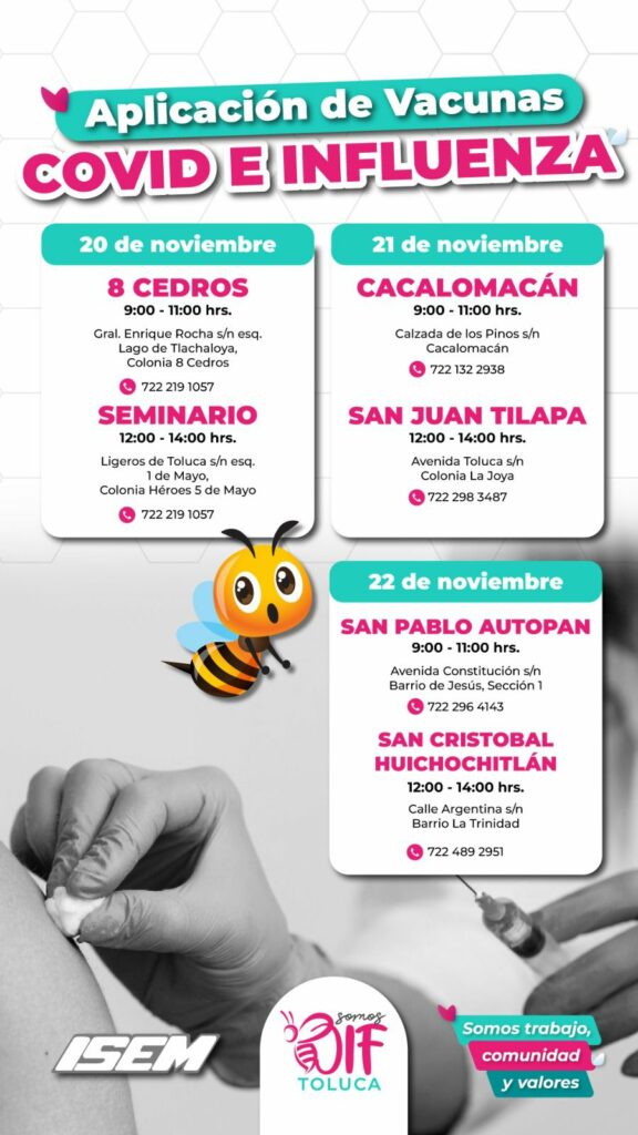 Toluqueños podrán vacunarse contra COVID e Influenza en cuatro distintas clínicas