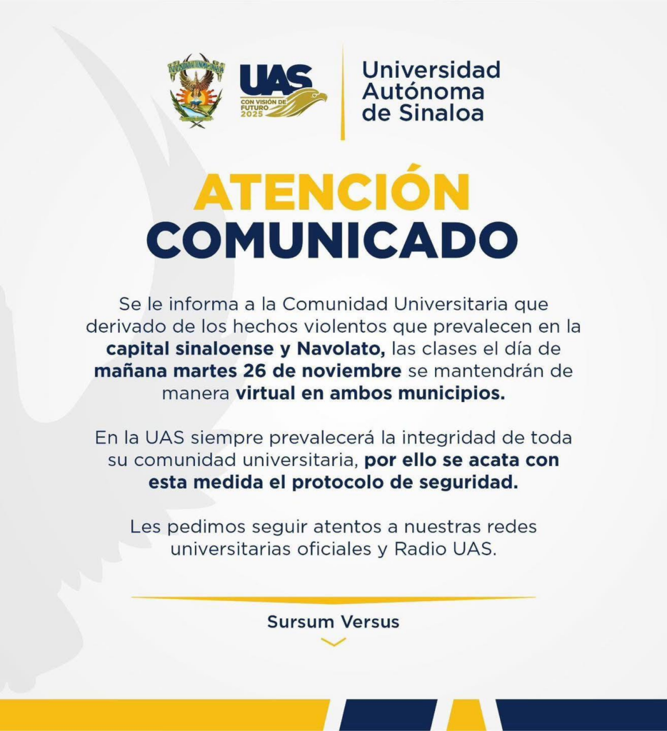 Suspenden clases presenciales en la UAS por la inseguridad que viven en Culiacán
