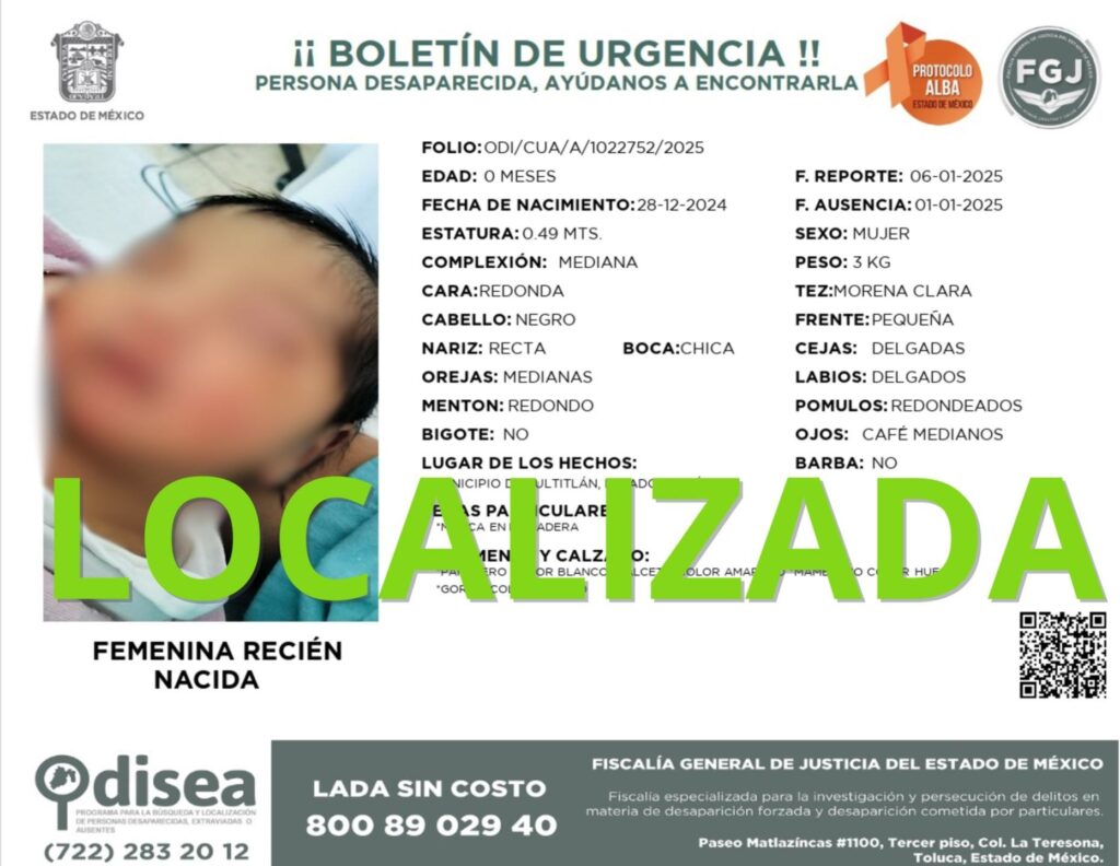 Localizan a niña de 10 días de nacida reportada como desaparecida en Tultitlán