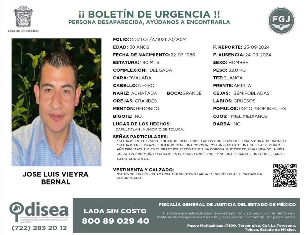 Toluqueño José Luis Vieyra cumple un mes desaparecido