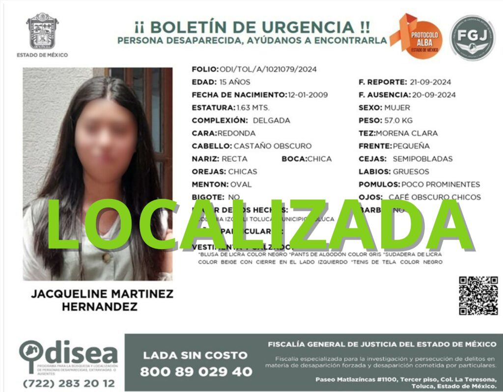 Adolescente de 15 años, fue localizada por la Fiscalía mexiquense en Veracruz