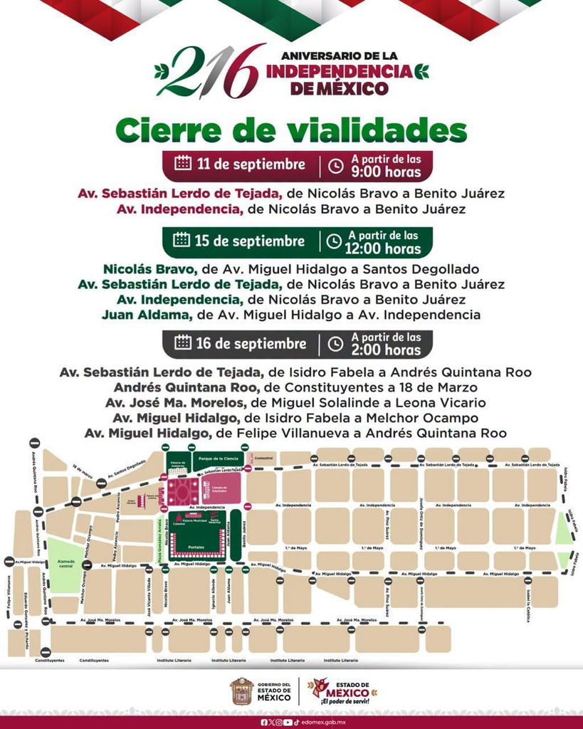 Inician este viernes cierres viales en Toluca por festejos patrios