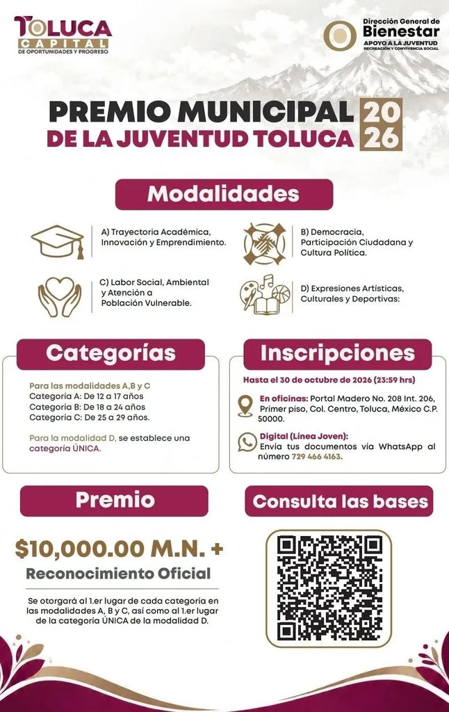 Premio Municipal de la Juventud Toluca 2026 otorgará estímulo de 10 mil pesos por categoría