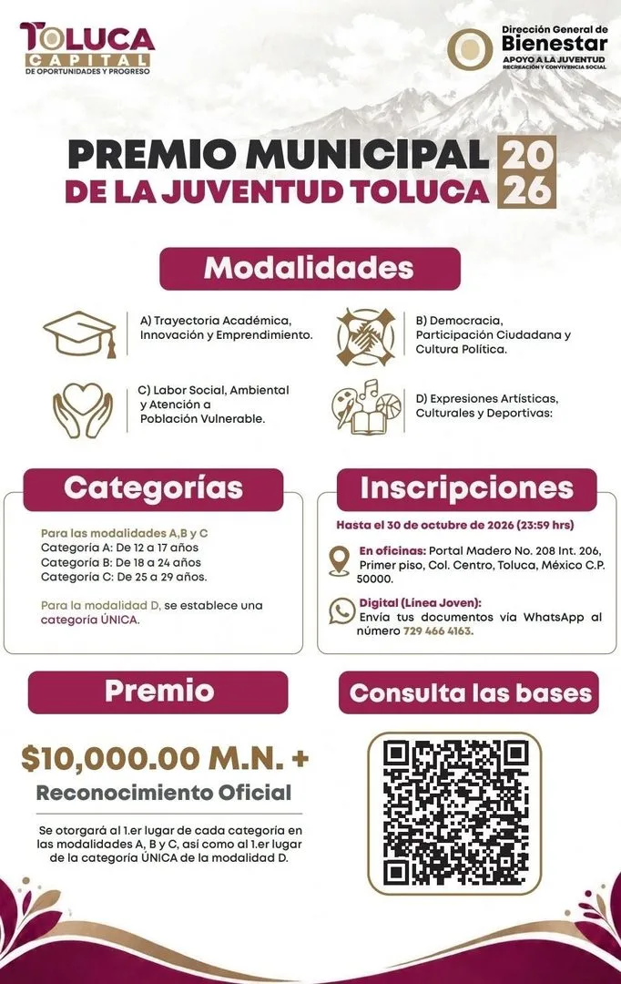 Premio Municipal de la Juventud Toluca 2026 otorgará estímulo de 10 mil pesos por categoría